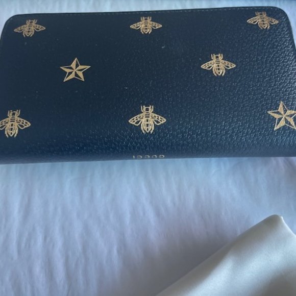 Gucci Black Leather Large Long Wallet Zip Around Gold Oro Bee Star Italy NEW - Picture 8 of 16